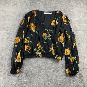 ASTR Shanley Top Orange Blossom‎ Floral Womens Small Black Long Sleeve